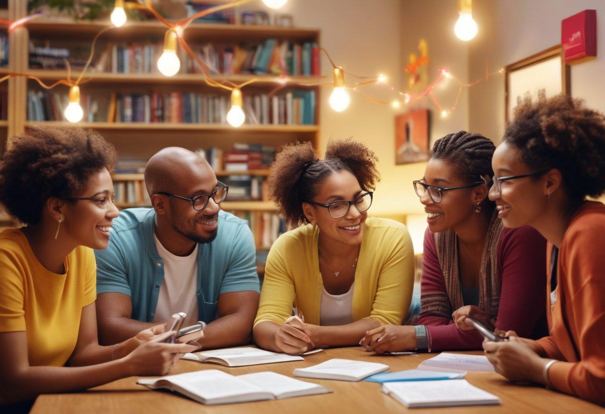 A diverse group of people engaged in a lively discussion, surrounded by books and digital devices showcasing health information and treatment options. Incorporate symbols of awareness like ribbons and light bulbs illuminating their faces, signifying empowerment through knowledge. The background should contain a blend of community elements like a park or a library. Bright and inviting colors to emphasize positivity and hope. super-realistic. vibrant colors.
