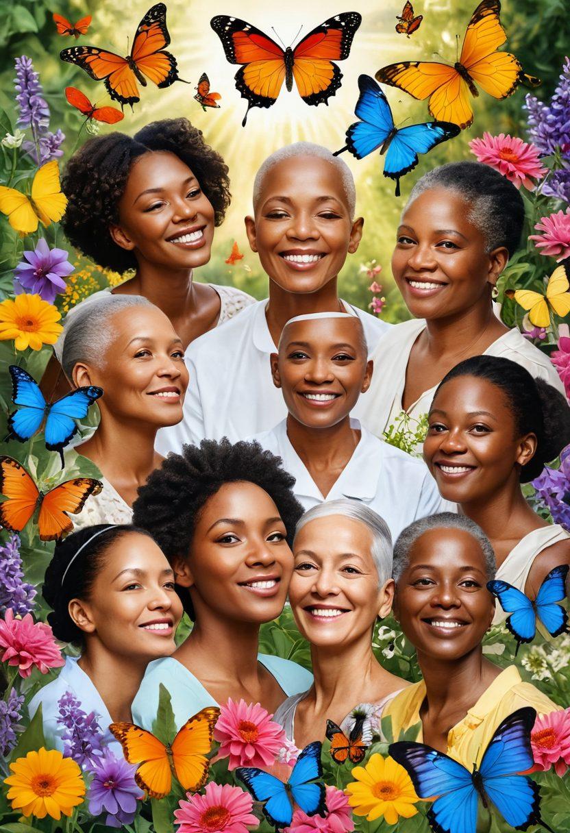 A powerful collage depicting diverse cancer survivors sharing their stories in a sunlit natural setting, surrounded by vibrant flowers and butterflies symbolizing hope; include elements of holistic care such as herbal remedies and meditation; faces reflecting resilience and joy, capturing moments of support and connection. super-realistic. vibrant colors. soft focus.
